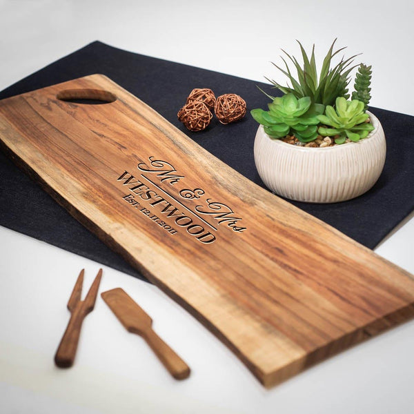 Mr & Mrs Personalised Live Edge Acacia Wood Serving Board