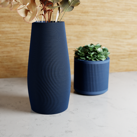 3D Printed Navy Blue 'TIDAL' Vase for Dried Flowers