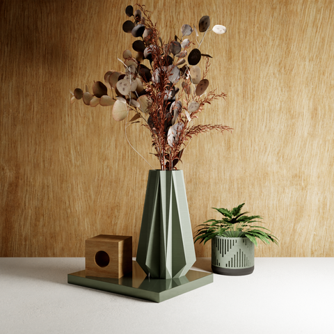 3D Printed Muted Green Large 'TIMBER' Vase for Dried Flowers - Recycled Wood - Original and Exceptional Home Décor - Ideal for Gifting - Modern Design