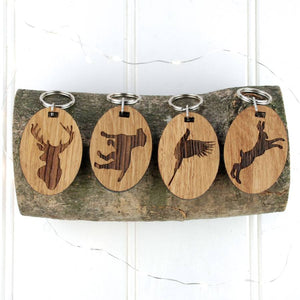 Personalised Stag, Pheasant, Hare And Dog Keyrings